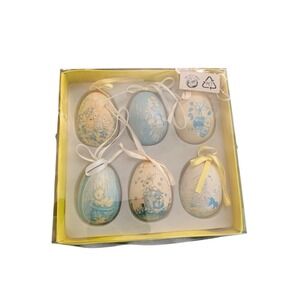 Lot 6 German Vintage Paper Mache Easter Egg Hanging Ornament Bunny Flower Set